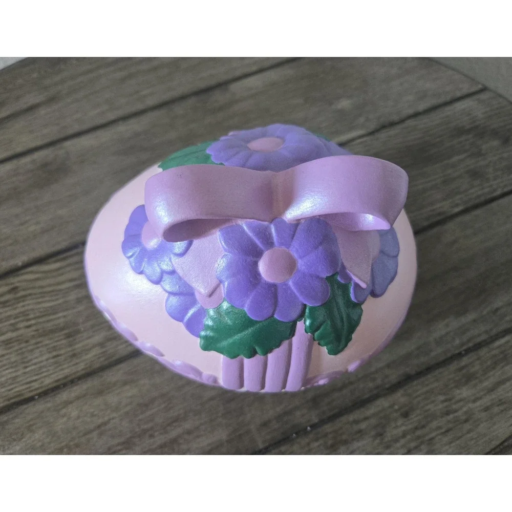 Vintage Ceramic Easter Egg Covered Candy Dish Flowers Purple Bow Scroll Ornate
